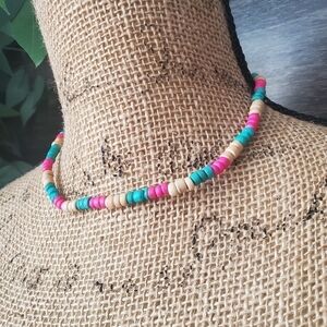 Wooden Beads Choker Magenta Teal Cream Small